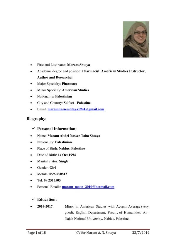 CV for Maram Abdel Nasser Taha Shtaya