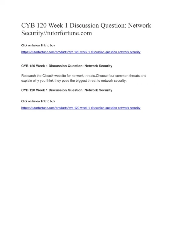 CYB 120 Week 1 Discussion Question: Network Security//tutorfortune.com