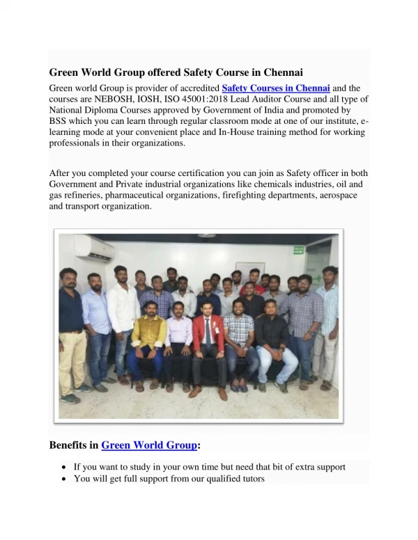Green World Group offered Safety Course in Chennai