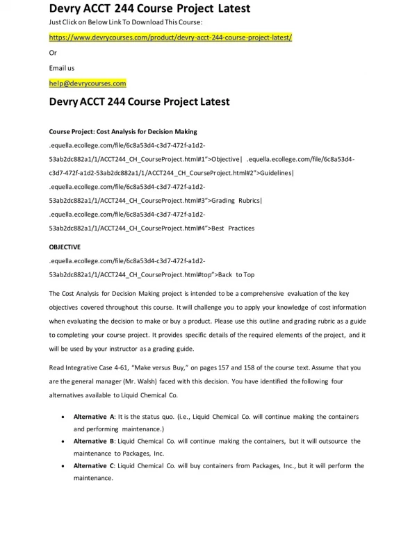 Course Project: Cost Analysis for Decision Making