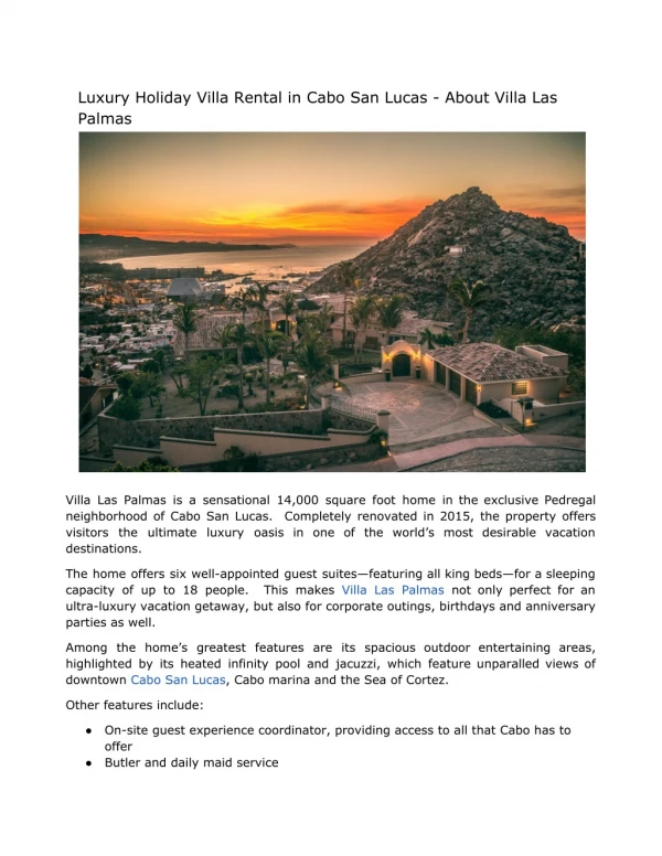 Luxury Holiday Villa Rental in Cabo San Lucas - About Villa Las Palmas