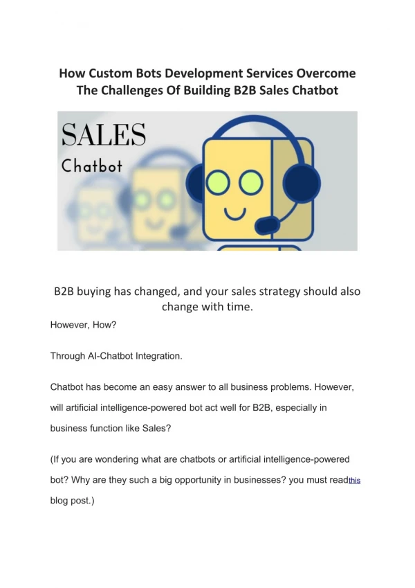 How Custom Bots Development Services Overcome The Challenges Of Building B2B Sales Chatbot