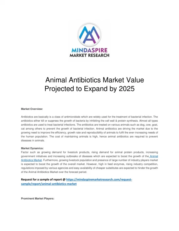 Animal Antibiotics Market Value Projected to Expand by 2025