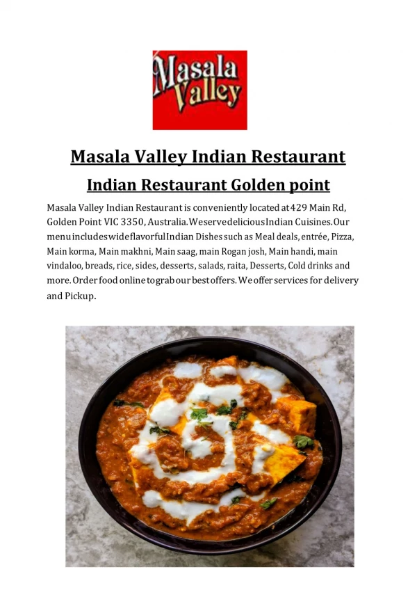 Masala Valley Menu Ballarat - Indian restaurant golden point VIC