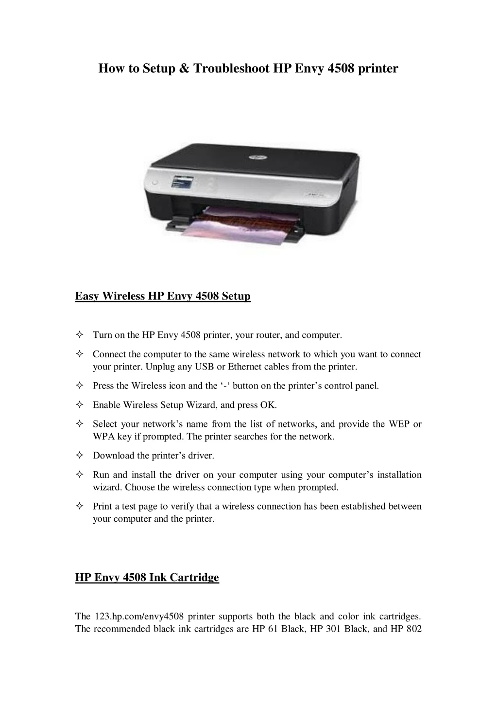 how to setup troubleshoot hp envy 4508 printer