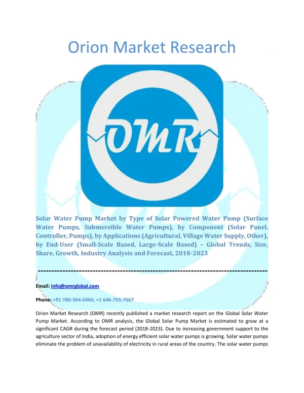 Solar Water Pump Market: Industry Growth, Market Size, Share and Forecast 2018-2023