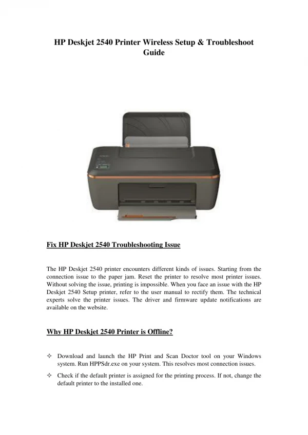 HP Deskjet 2540 Printer Wireless Setup & Troubleshoot Guide