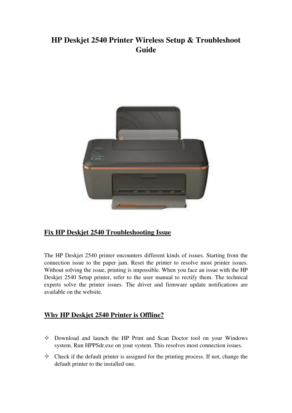 hp deskjet 2540 printer wireless setup
