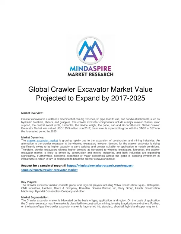 Global Crawler Excavator Market Value Projected to Expand by 2017-2025