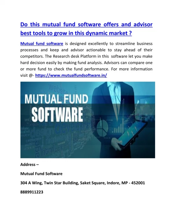 Do this mutual fund software offers and advisor best tools to grow in this dynamic market ?