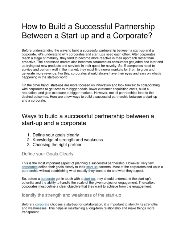 How to Build a Successful Partnership Between a Start-up and a Corporate?