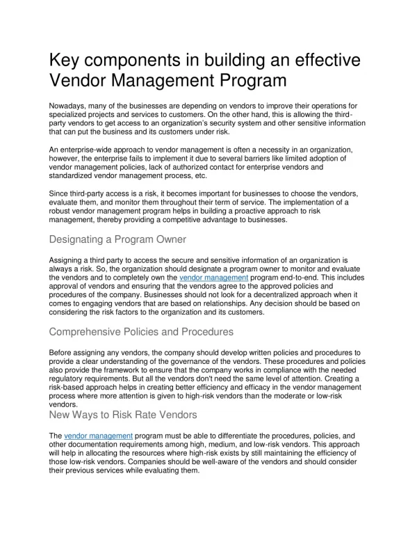 Key components in building an effective Vendor Management Program