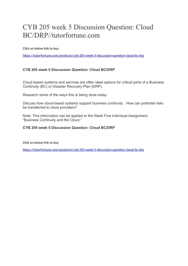 CYB 205 week 5 Discussion Question: Cloud BC/DRP//tutorfortune.com