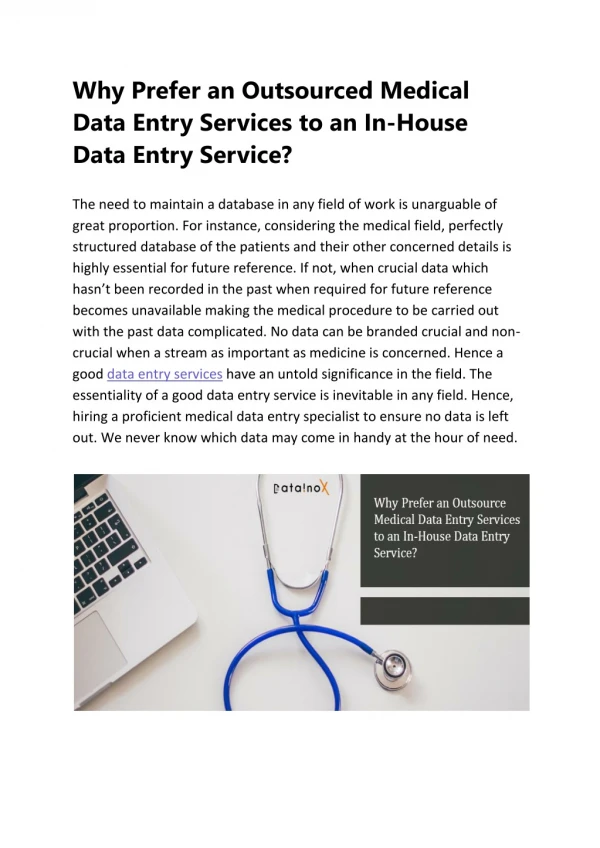 Why Prefer an Outsourced Medical Data Entry Services to an In-House Data Entry Service?