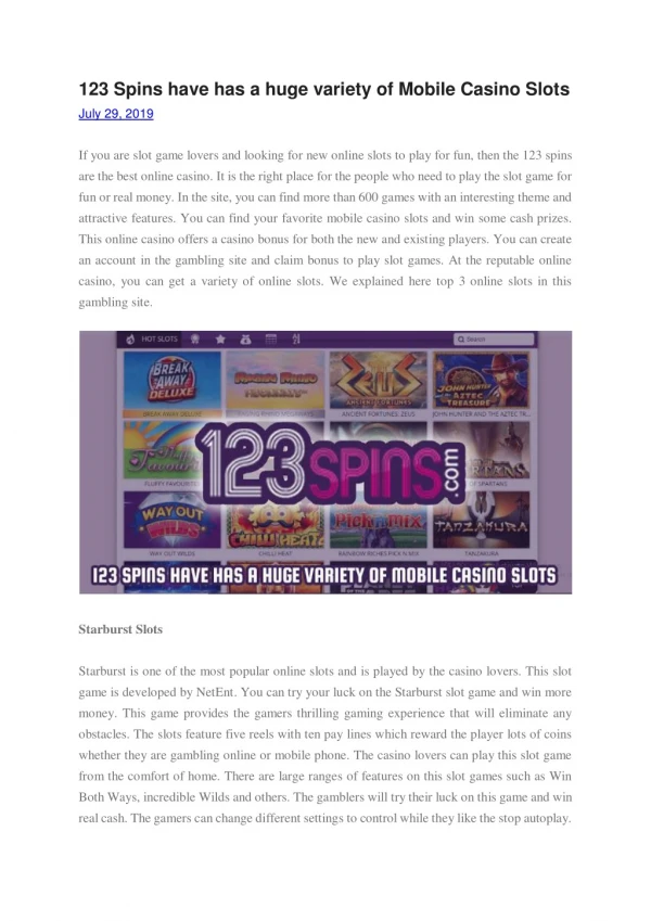 123 Spins have has a huge variety of Mobile Casino Slots