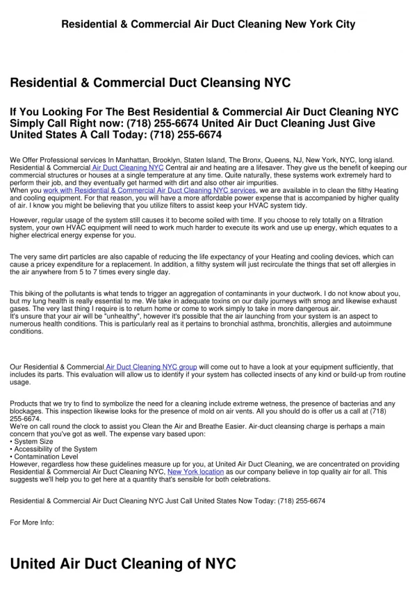 Residential & Commercial Air Duct Cleaning New York City