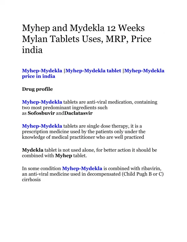Myhep and Mydekla 12 Weeks Mylan Tablets Uses, MRP, Price india.