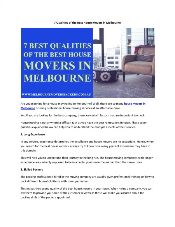 7 Qualities of the Best House Movers in Melbourne