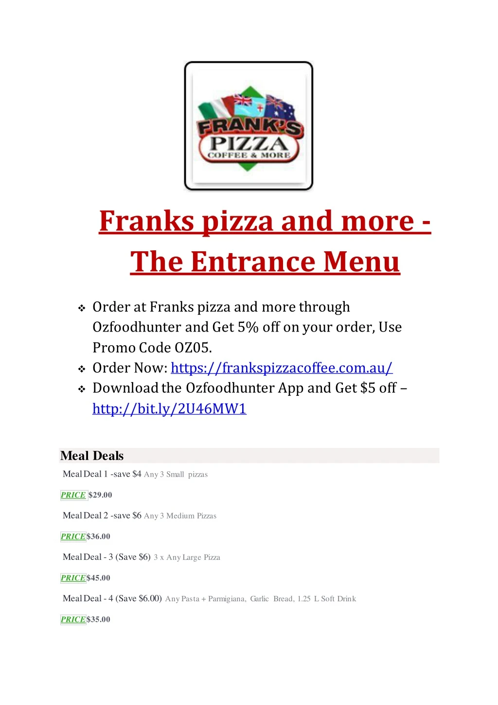 franks pizza and more the entrance menu order