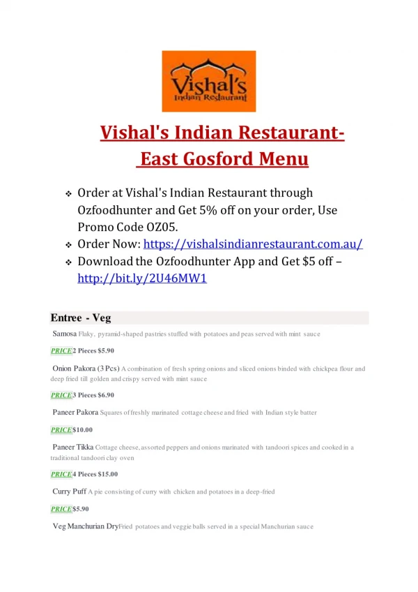 Vishal indian restaurant Menu, east gosford - Indian restaurant east gosford