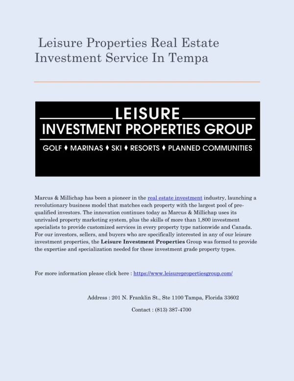 Leisure Properties Real Estate Investment Service In Tempa