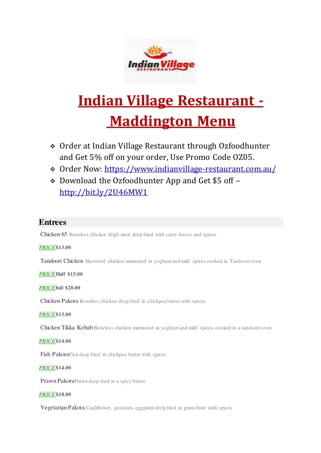 indian village restaurant maddington menu order