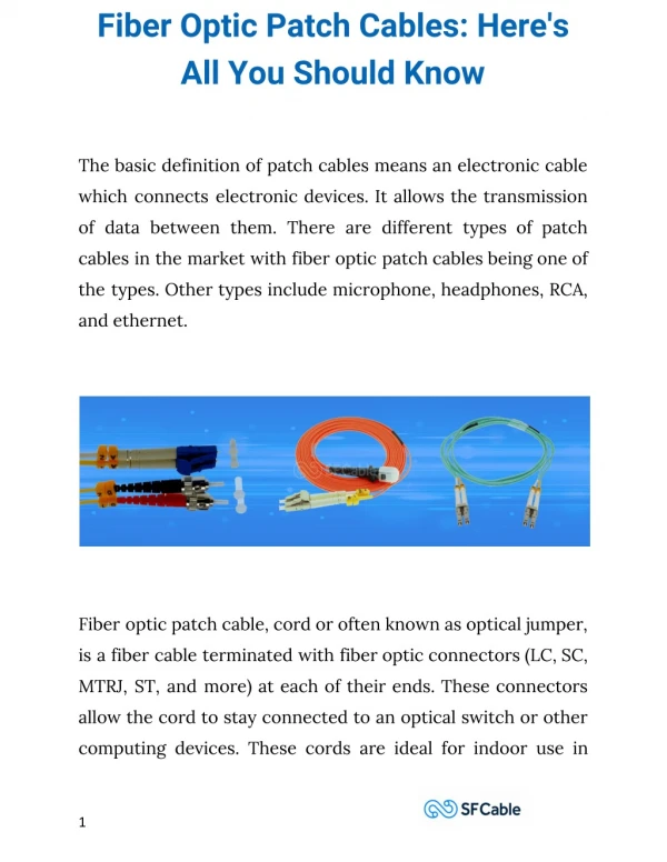 Fiber Optic Patch Cables: Here's All You Should Know