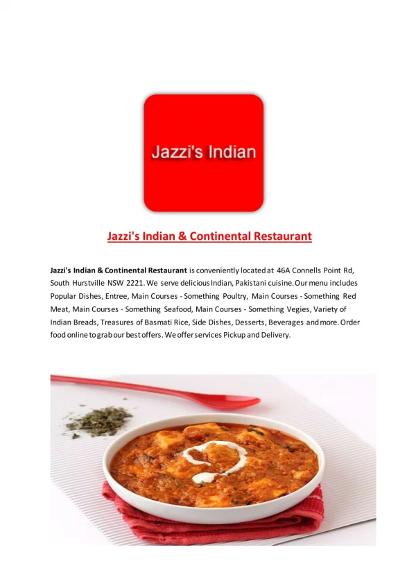 15% Off - Jazzi's Indian & Continental Restaurant-South Hurstville - Order Food Online