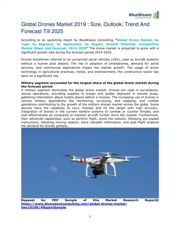 Global Drones Market 2019 : Size, Outlook, Trend And Forecast Till 2025