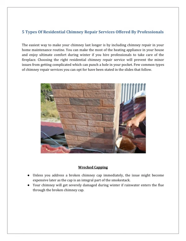 5 Types Of Residential Chimney Repair Services Offered By Professionals