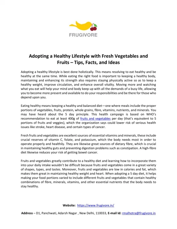 Adopting a Healthy Lifestyle with Fresh Vegetables and Fruits – Tips, Facts, and Ideas