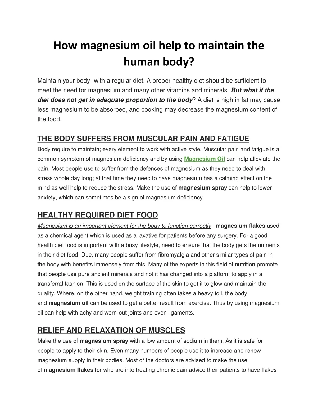 how magnesium oil help to maintain the human body