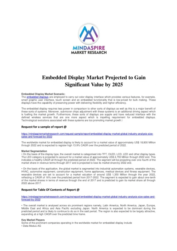 Embedded Display Market Projected to Gain Significant Value by 2025