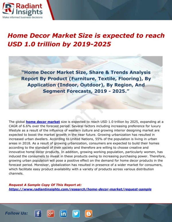 Home Decor Market Size is expected to reach USD 1.0 trillion by 2019-2025
