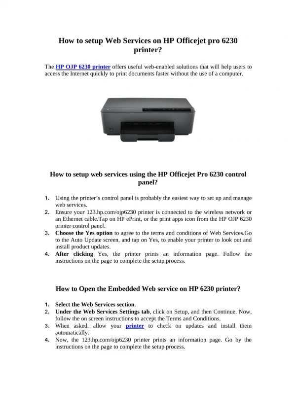 How to setup Web Services on HP Officejet pro 6230 printer?