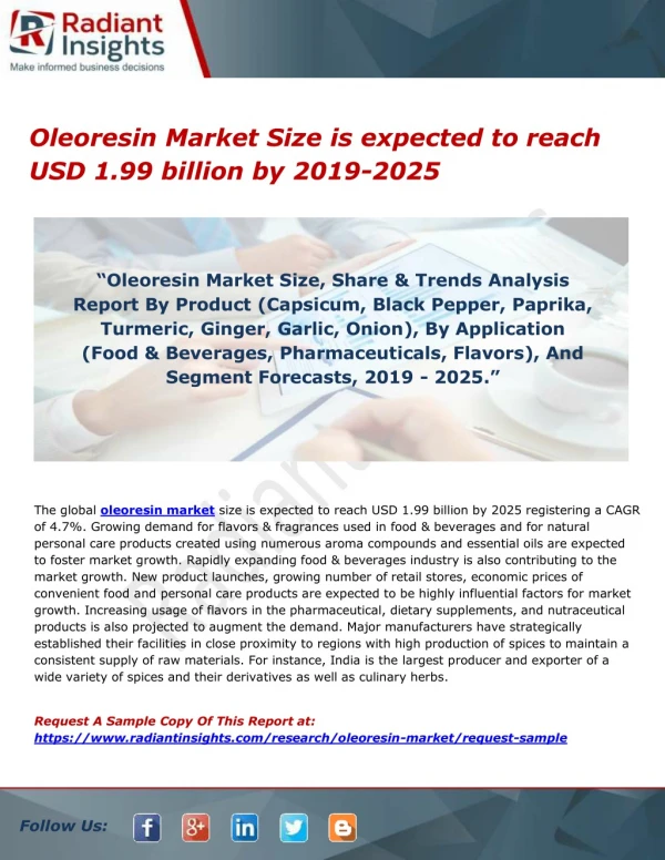 Oleoresin Market Size is expected to reach USD 1.99 billion by 2019-2025