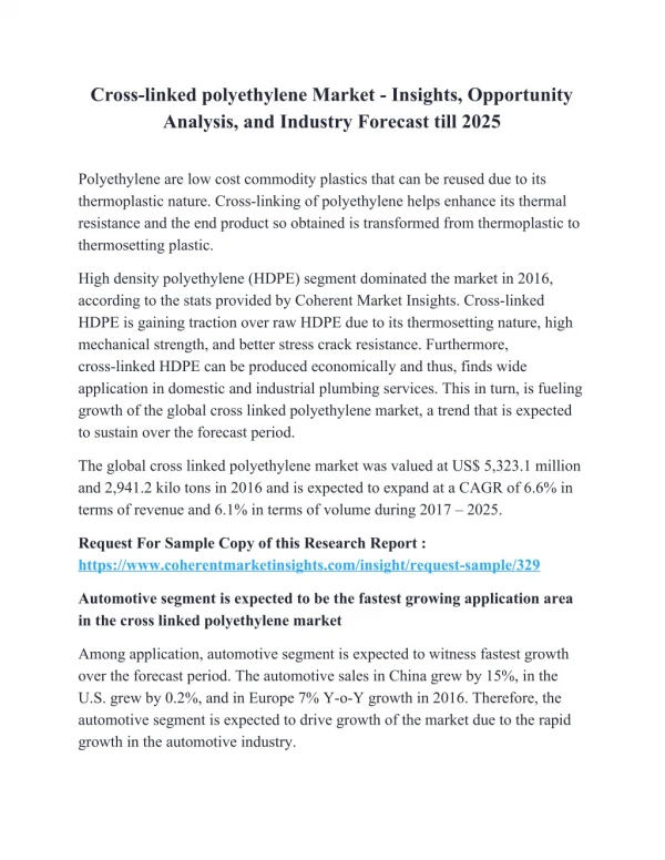 Cross-linked polyethylene Market - Insights, Opportunity Analysis, and Industry Forecast till 2025