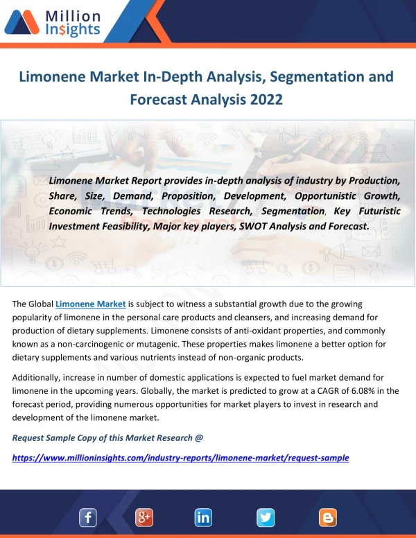 Limonene Market In-Depth Analysis, Segmentation and Forecast Analysis 2022