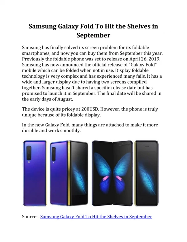Samsung Galaxy Fold To Hit the Shelves in September