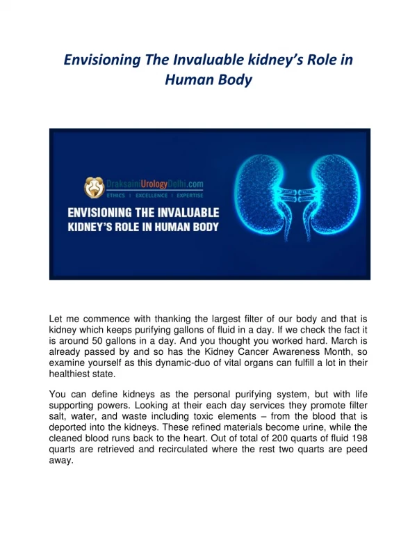 Envisioning The Invaluable kidney’s Role in Human Body