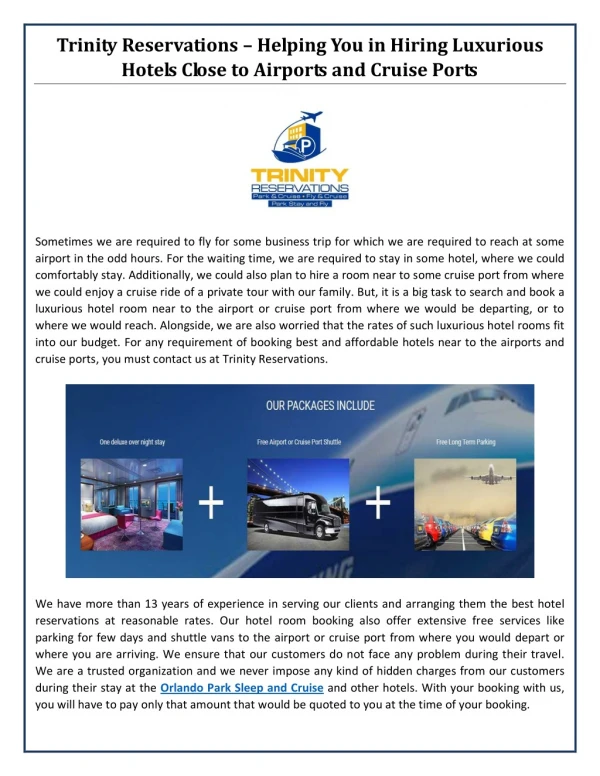 Trinity Reservations – Helping You in Hiring Luxurious Hotels Close to Airports and Cruise Ports