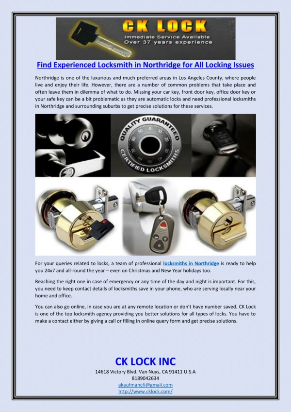 Find Experienced Locksmith in Northridge for All Locking Issues