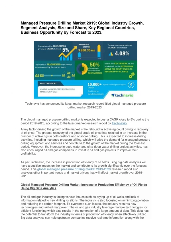 Managed Pressure Drilling Market 2019: Global Industry Growth, Segment Analysis, Size and Share, Key Regional Countries,