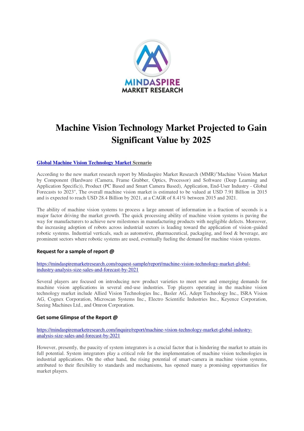 machine vision technology market projected