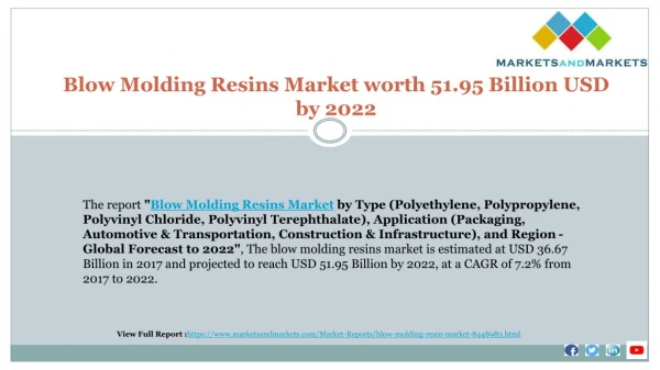 Blow Molding Resins Market worth 51.95 Billion USD by 2022