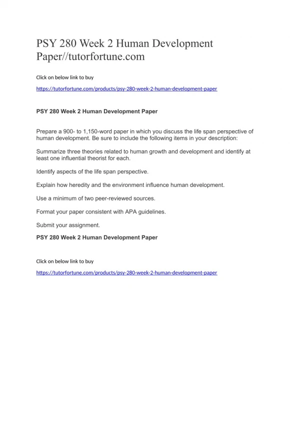 PSY 280 Week 2 Human Development Paper//tutorfortune.com