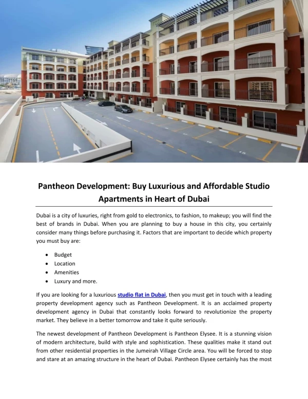 Pantheon Development: Buy Luxurious and Affordable Studio Apartments in Heart of Dubai