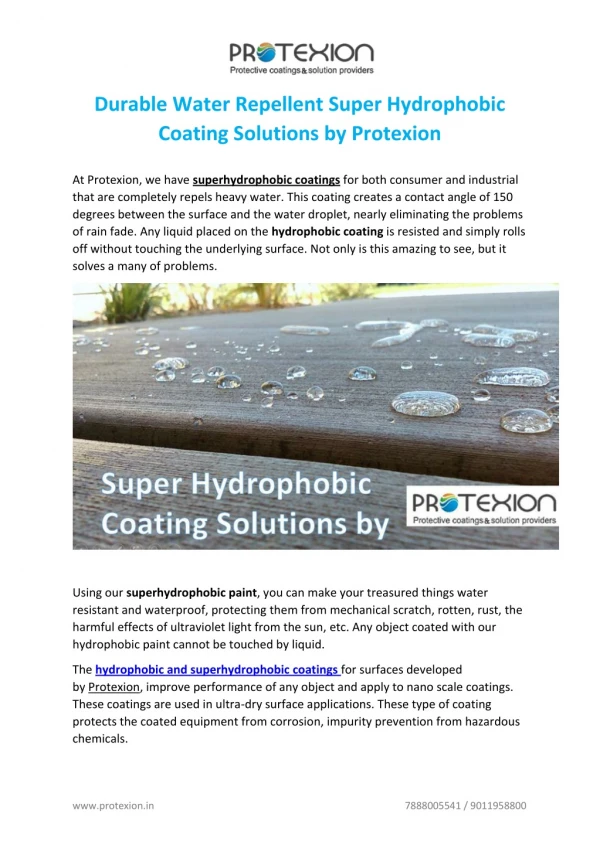 Durable Water Repellent Super Hydrophobic Coating Solutions by Protexion