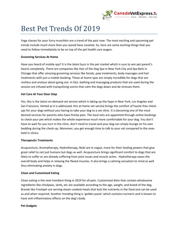 Best Pet Trends of 2019 - CanadaVetExpress