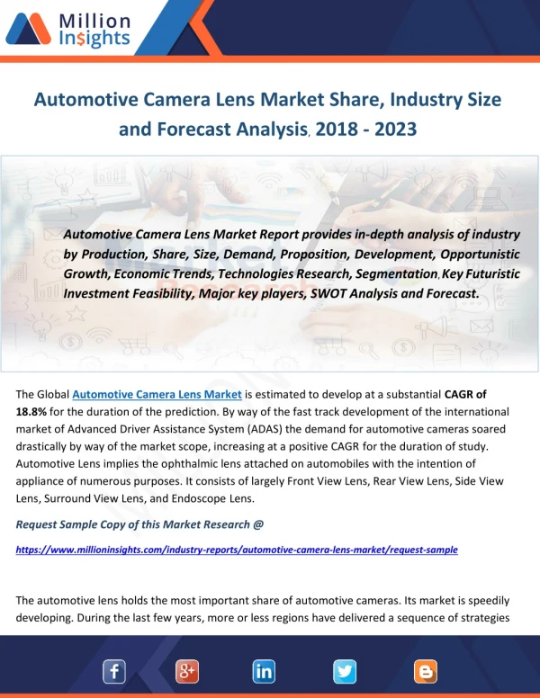Automotive Camera Lens Market Share, Industry Size and Forecast Analysis, 2018 - 2023